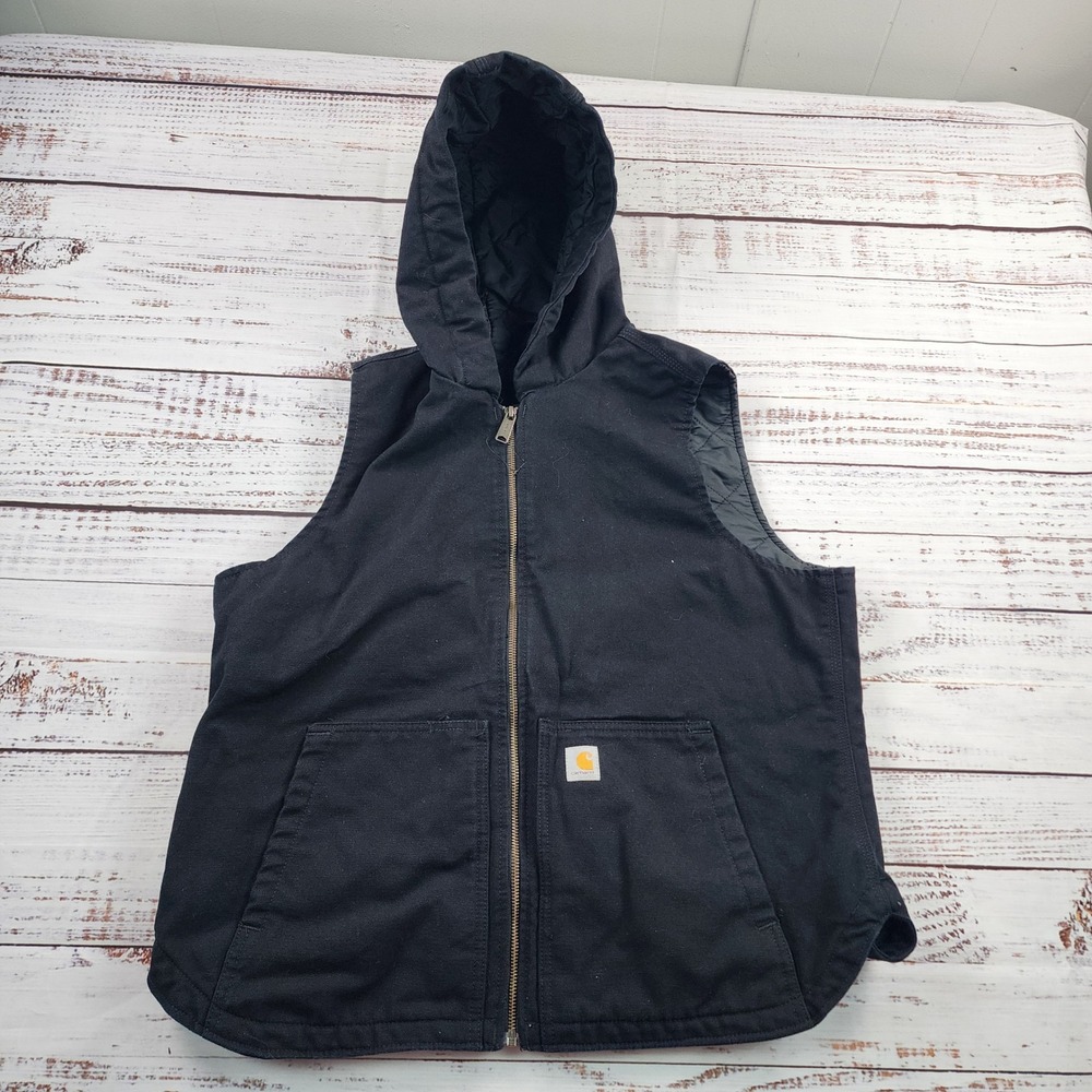 Carhartt Womens L 12-14 Washed Duck Insulated Hooded Vest Black 104026